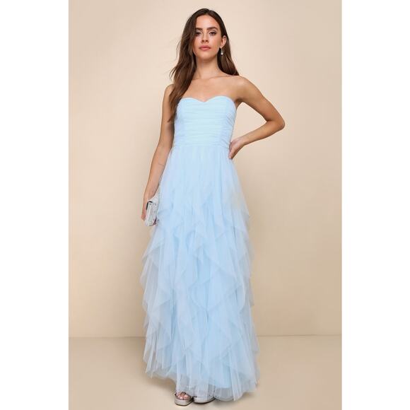 NWTLulus Delightful Beauty Blue Mesh Strapless Ruched Ruffled Maxi Dress Sz S - Picture 1 of 9